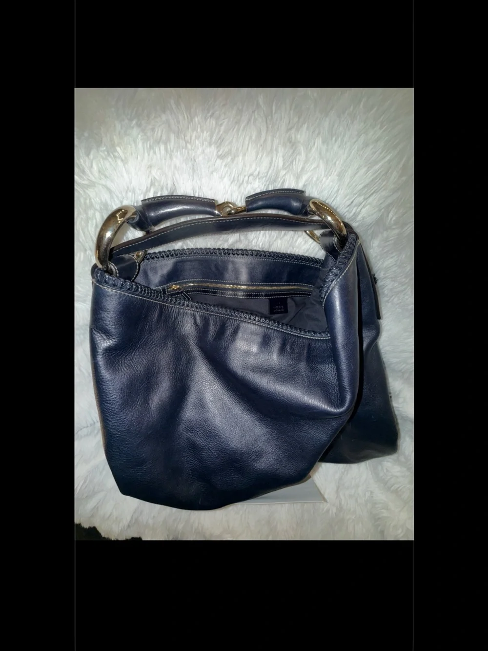 Gucci Navy Blue Horsebit Hobo Women’s Leather Hobo Bag with Gold Tone Hardware